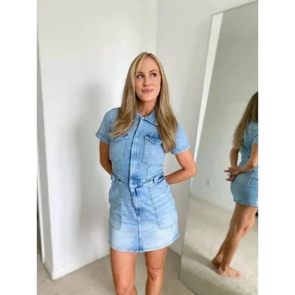 GOOD AMERICAN Fit for Success Denim Utility Dress Denim Medium Blue Size Small - Picture 3 of 16